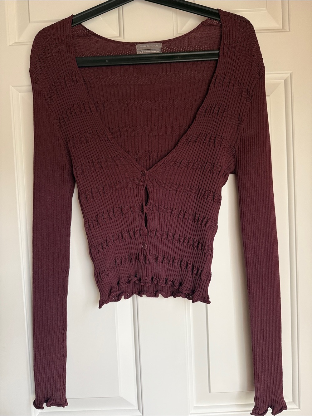Urban Outfitters Wine Ribbed Button-Front Long-Sleeve Top